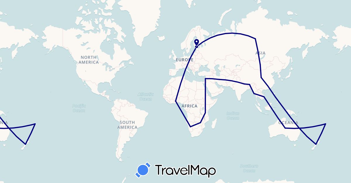 TravelMap itinerary: driving in Australia, Bhutan, China, Finland, Ghana, Iran, Lebanon, Myanmar (Burma), Mongolia, Namibia, Nepal, New Zealand, Philippines, Russia, Tonga, Tanzania, Vietnam, Zimbabwe (Africa, Asia, Europe, Oceania)